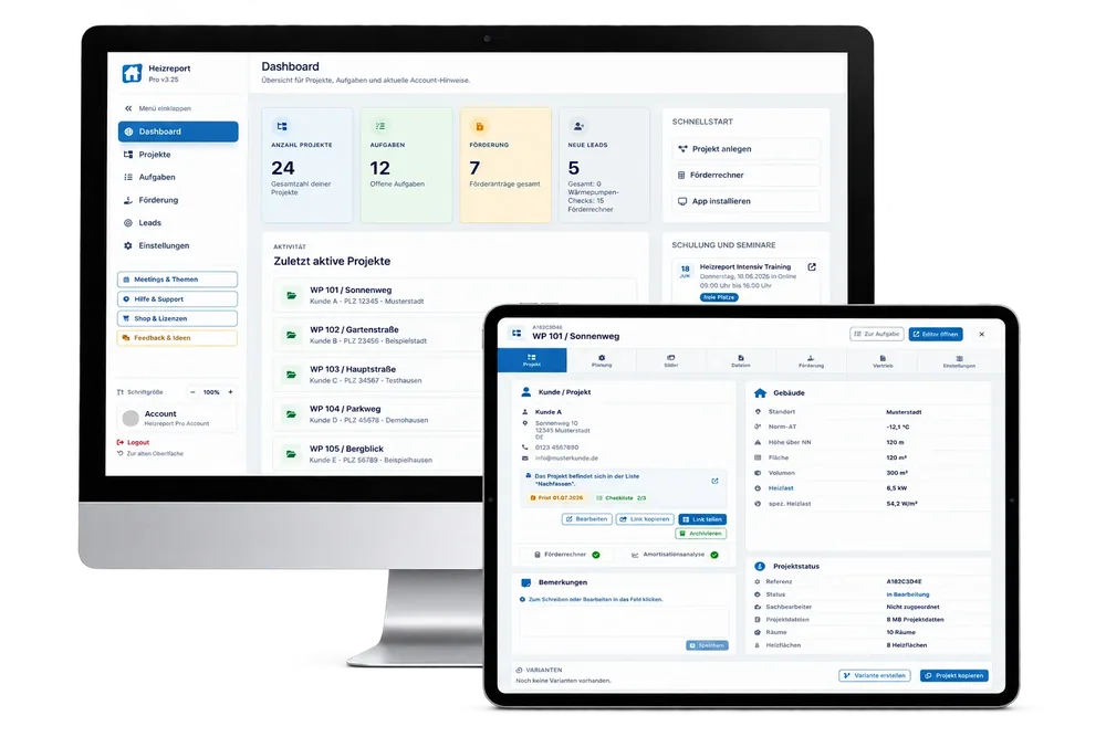 Heizreport Pro auf Bildschirm und Tablet mit Projektübersicht